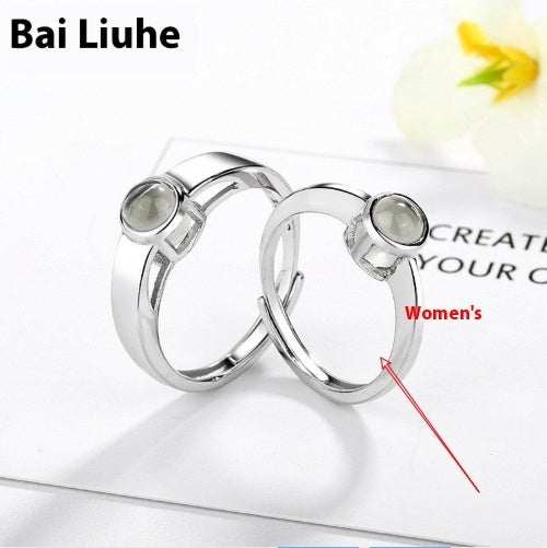 S925 silver couple rings with adjustable opening and simple design featuring a round stone centerpiece