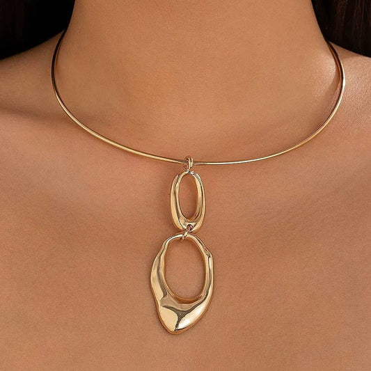 European and American style golden geometric open collar necklace with glossy finish and open pendant design
