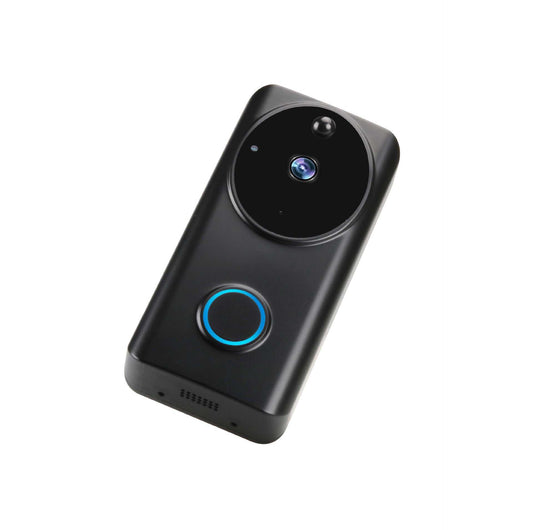 Smart video doorbell with camera and intercom, featuring wide-angle lens and Wi-Fi capability.