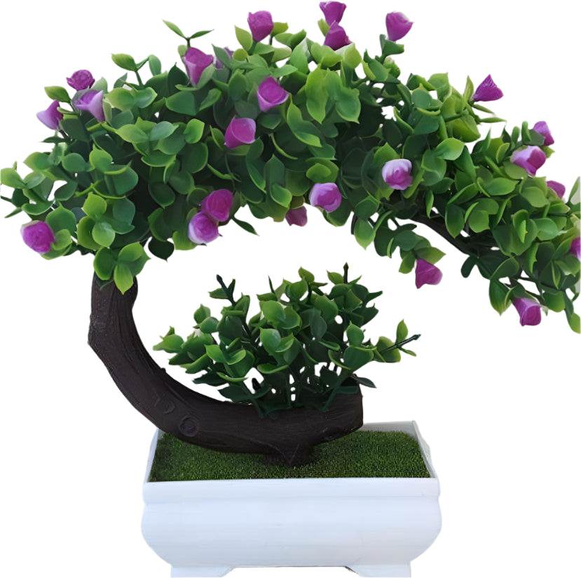 Plastic bonsai with fake flowers in white plastic basin, silk flowers.
