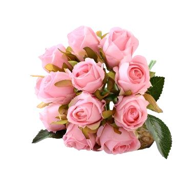 Artificial pink rose bouquet, ideal for Valentine's Day, weddings, and home decor, made of cloth.