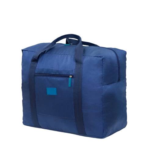 Large capacity foldable travel bag in blue, nylon material, displayed on a table indoors.