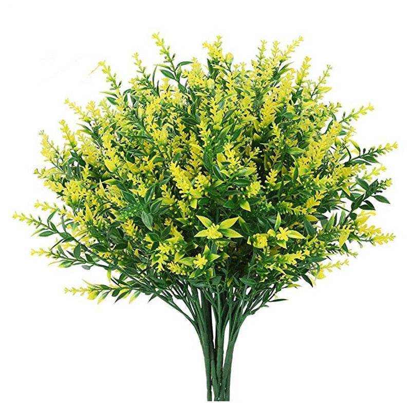 Yellow artificial flowers bouquet, plastic lavender display for home decor.