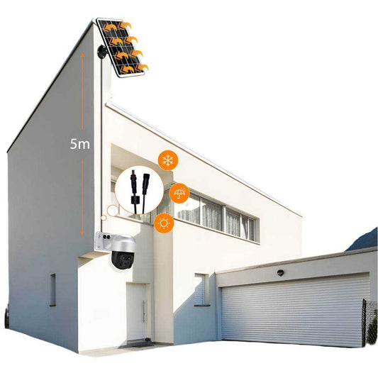 Solar powered wireless WiFi surveillance dome camera on building with waterproof cable.