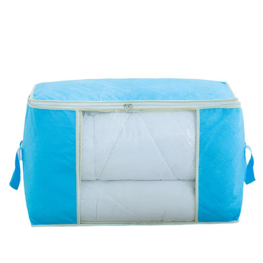 Blue quilt storage bag with grid pattern, ideal for organizing clothes and quilts, made from non-woven fabric and featuring an 80L capacity.