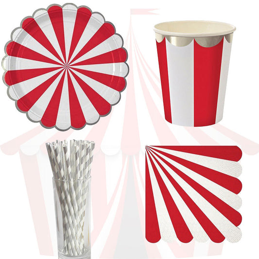 Red Striped Circus Paper Plates & Cups — Disposable Tableware