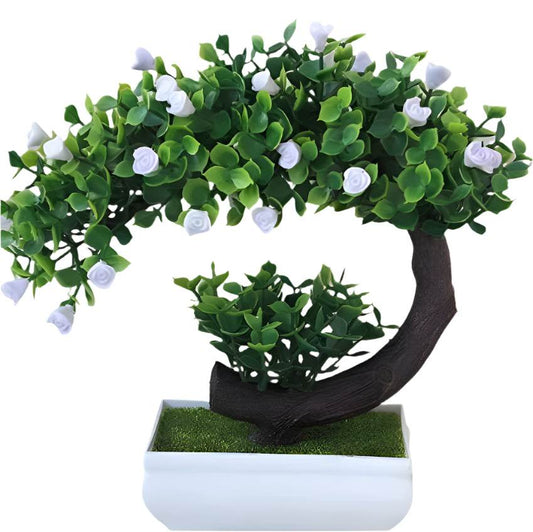 Plastic bonsai with silk flowers in a white plastic basin, 20 cm high.