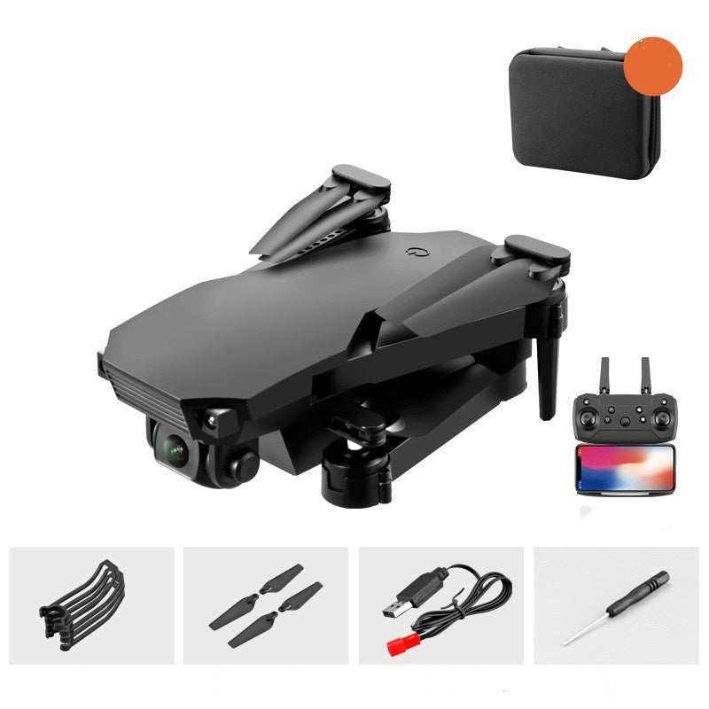 UAV remote control aircraft with folding design and dual 4K cameras, including remote, protective accessories, and storage bag.