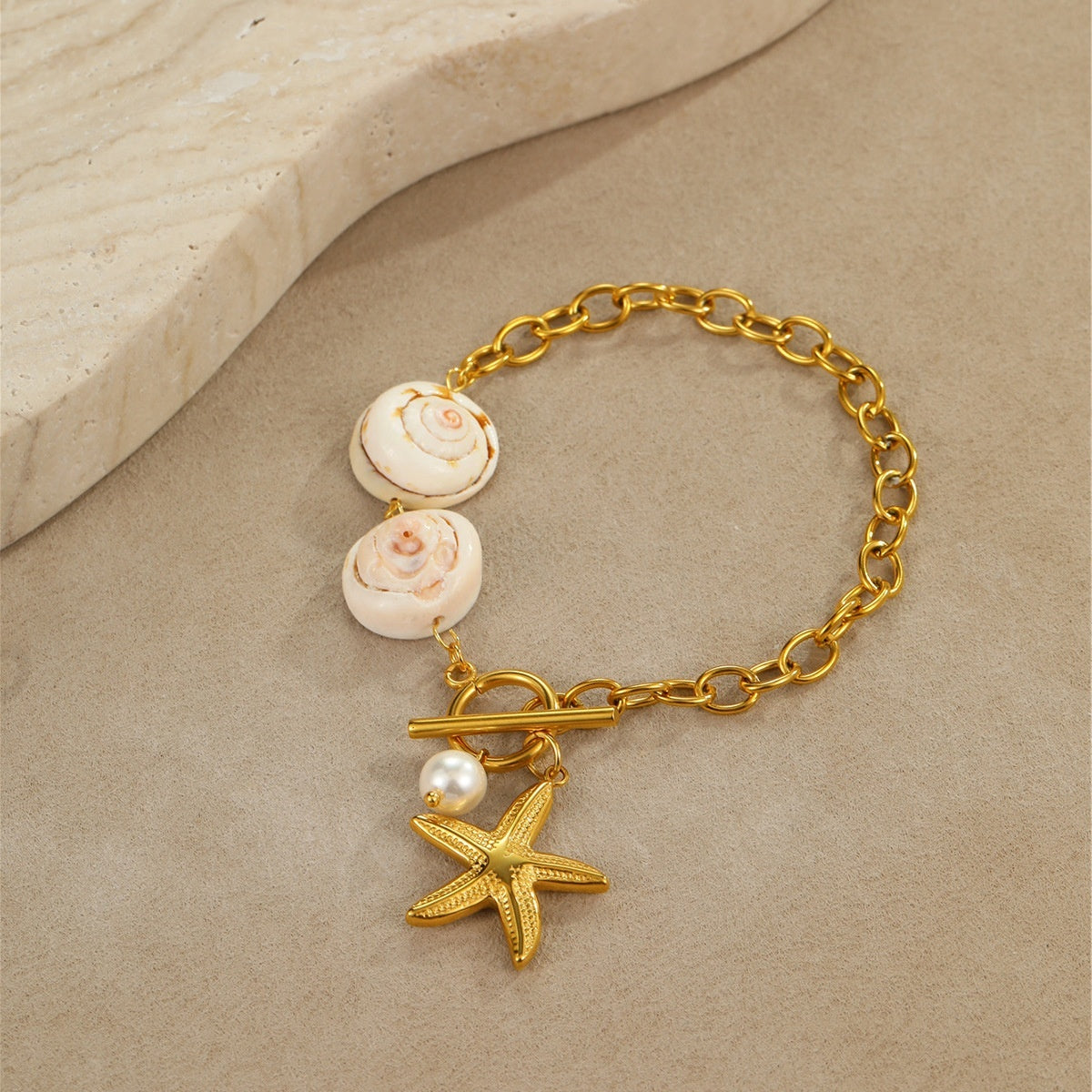Ocean Style Natural Shell Starfish Necklace Women's Stainless Steel Gold Plated