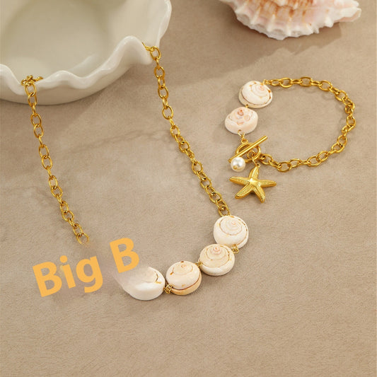 Ocean Style Natural Shell Starfish Necklace Women's Stainless Steel Gold Plated