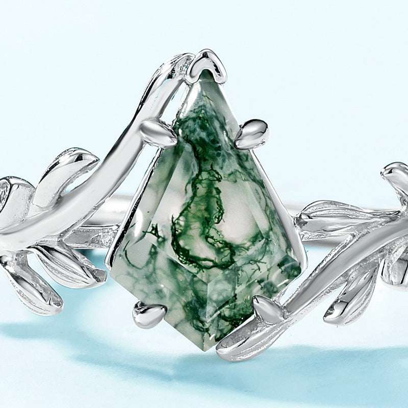 Silver ring with olive branch design and natural green moss agate gemstone