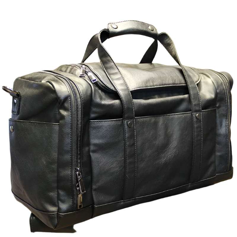 Black PU men's travel bag with dual handles, featuring mobile phone and cigarette compartments, stylish and practical for travel.