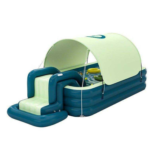 Children's automatic inflatable swimming pool with detachable slide and shade canopy.