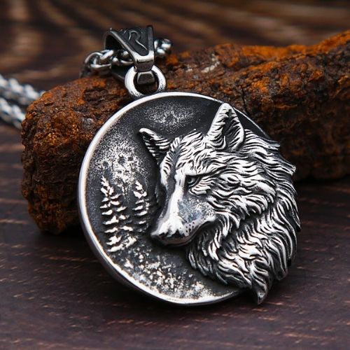 Viking Wolf Head Pendant Necklace Norse Warrior Jewelry for Men Women