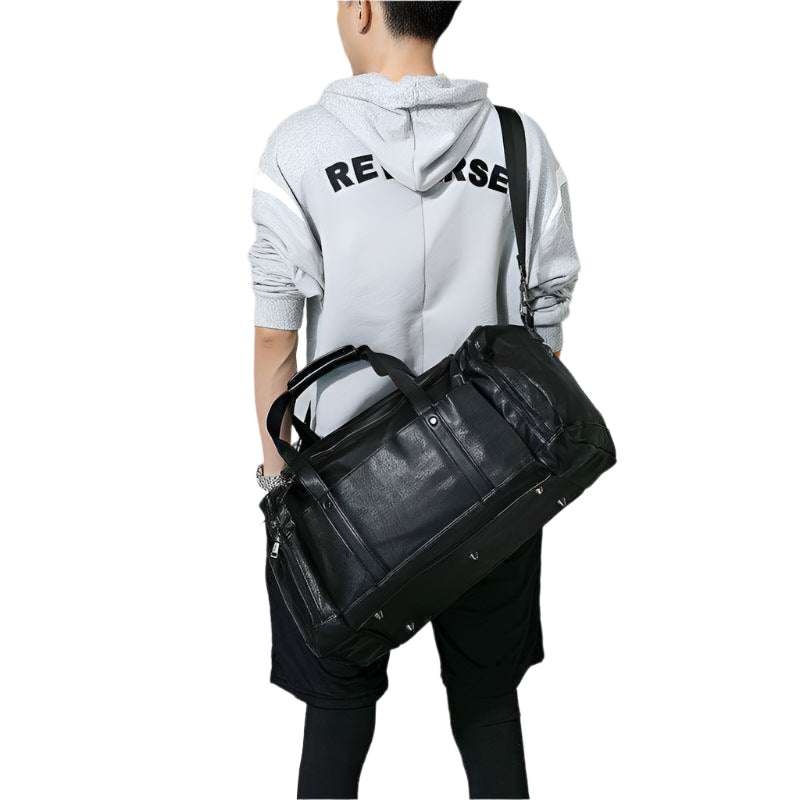 Black men's travel bag, PU material, fashion style, handbag design.