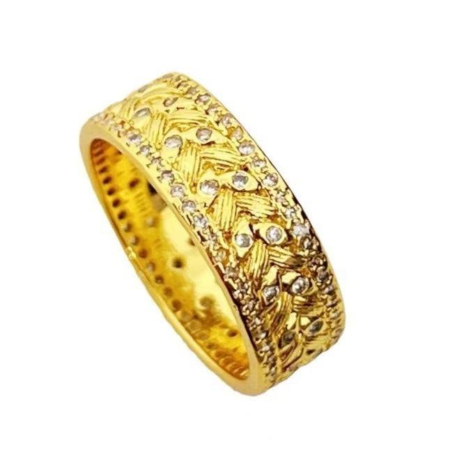 Adjustable women's gold-plated light luxury ring with geometric wheat design and rhinestones, retro style
