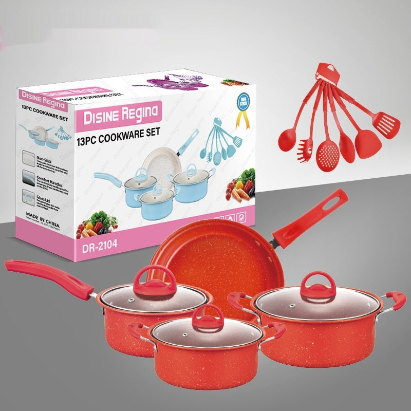 13 Pieces Pot Set – Non-stick Frying Pan, Soup Pots, Omelette Pots, Ceramic Coating, Glass Cover, Cast Iron