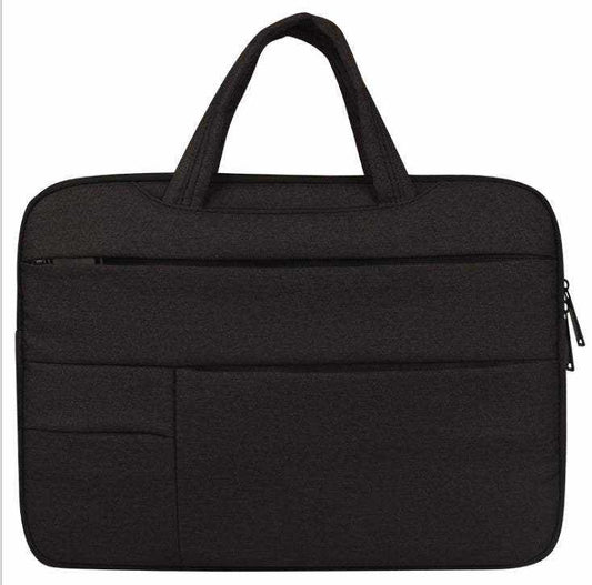 Multifunction laptop bag in black with zipper closure and handles.
