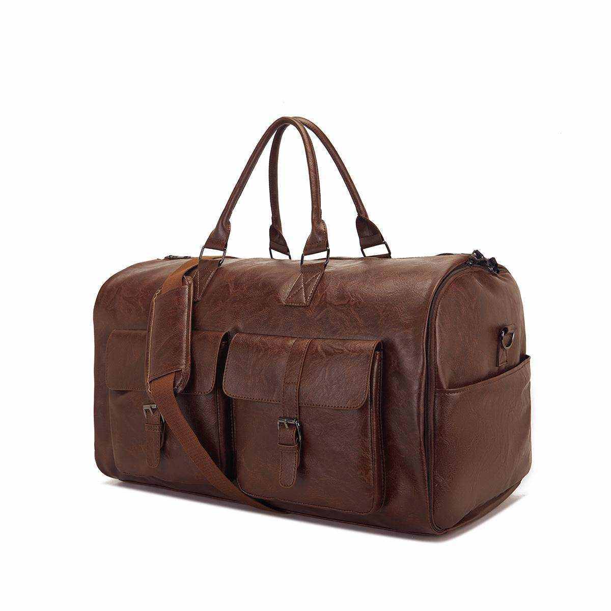 Travel-friendly brown PU leather garment bag with spacious interior, durable and waterproof, unisex portable travel bag