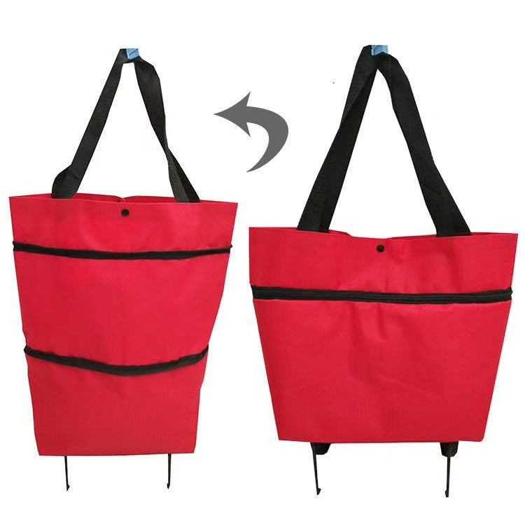Large capacity foldable shopping grocery bag in red with black handles and portable wheels.