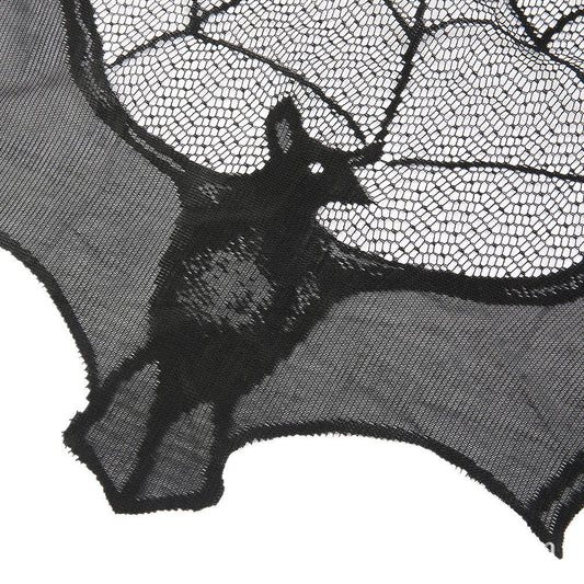 Halloween Black Spider Web Bat Lace Curtain – Spooky Decor
