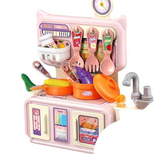 Children's kitchen play set with pink and blue lighting, featuring spray water faucet, soup pot, frying pan, and vegetable toys.