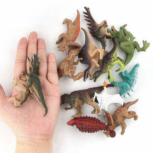 Mini dinosaur toy models in hand, part of a 12-piece solid dinosaur toy set.