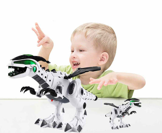Spray mechanical dinosaur toy with remote control and child playing.