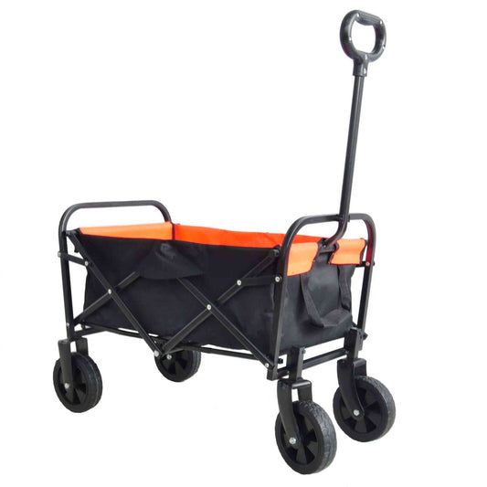 Mini folding wagon with durable wheels and orange Oxford cloth for garden and outdoor use.