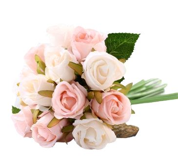 Artificial rose bouquet with white and pink silk flowers for home decor and bridal arrangements.