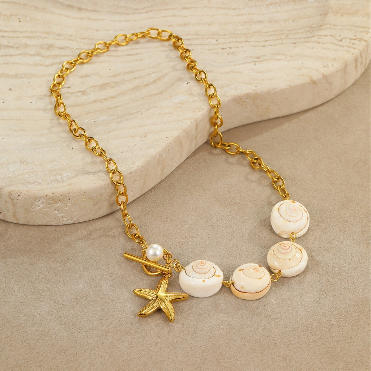 Ocean Style Natural Shell Starfish Necklace Women's Stainless Steel Gold Plated