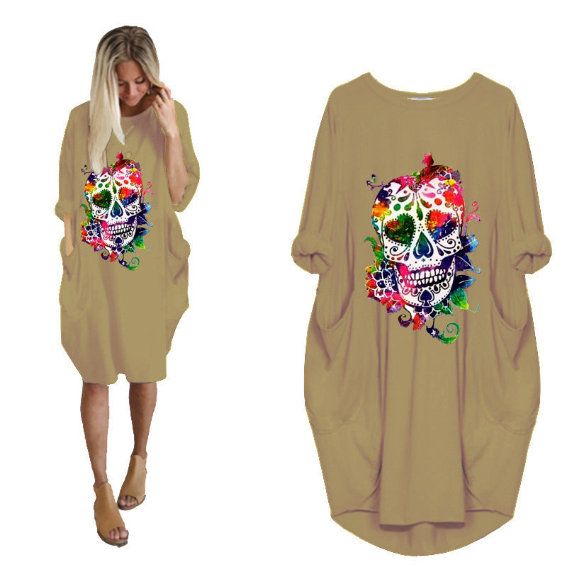 Halloween Skull Plus Size Long Sleeve Dress