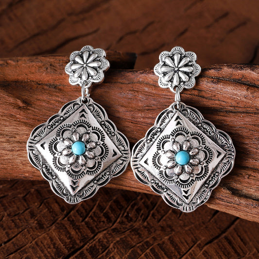 Ethnic Geometric Diamond Flower Pendant Earrings