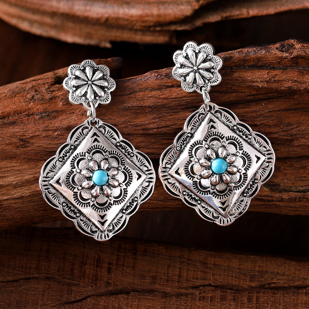 Ethnic Geometric Diamond Flower Pendant Earrings