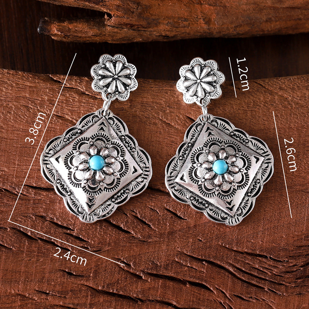 Ethnic Geometric Diamond Flower Pendant Earrings