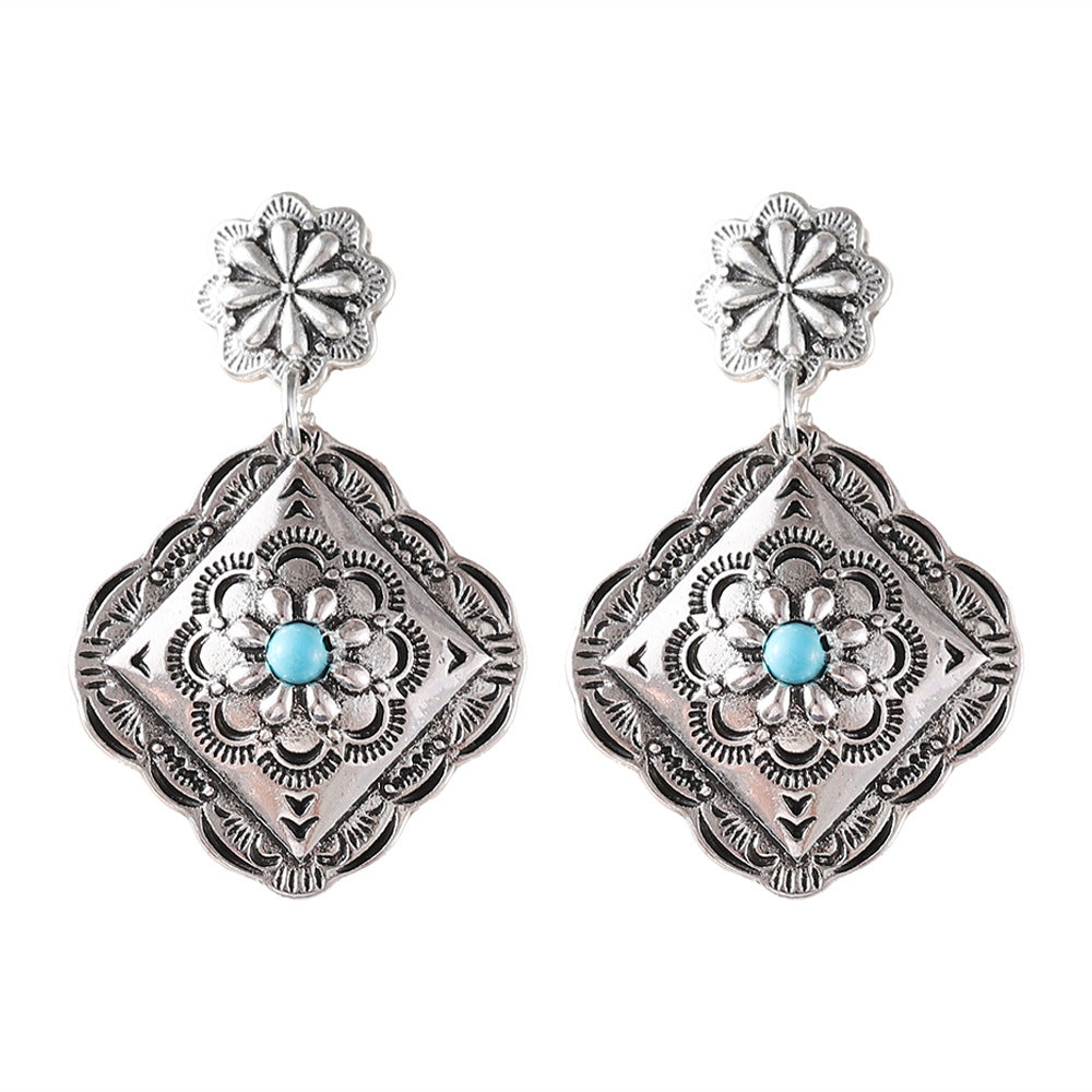 Ethnic Geometric Diamond Flower Pendant Earrings