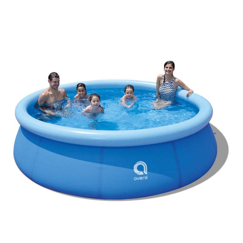 Light blue inflatable outdoor swimming pool with a family inside.