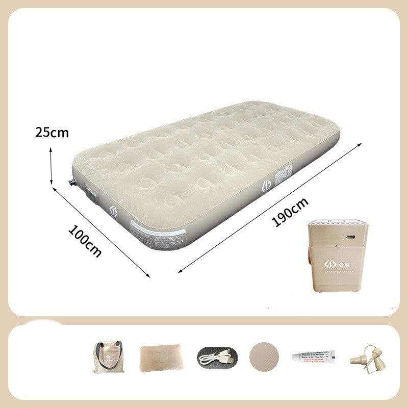 Thickened flocking inflatable bed with storage bag, pillow, charging cable, repair kit, and dimensions 100x190x25cm.