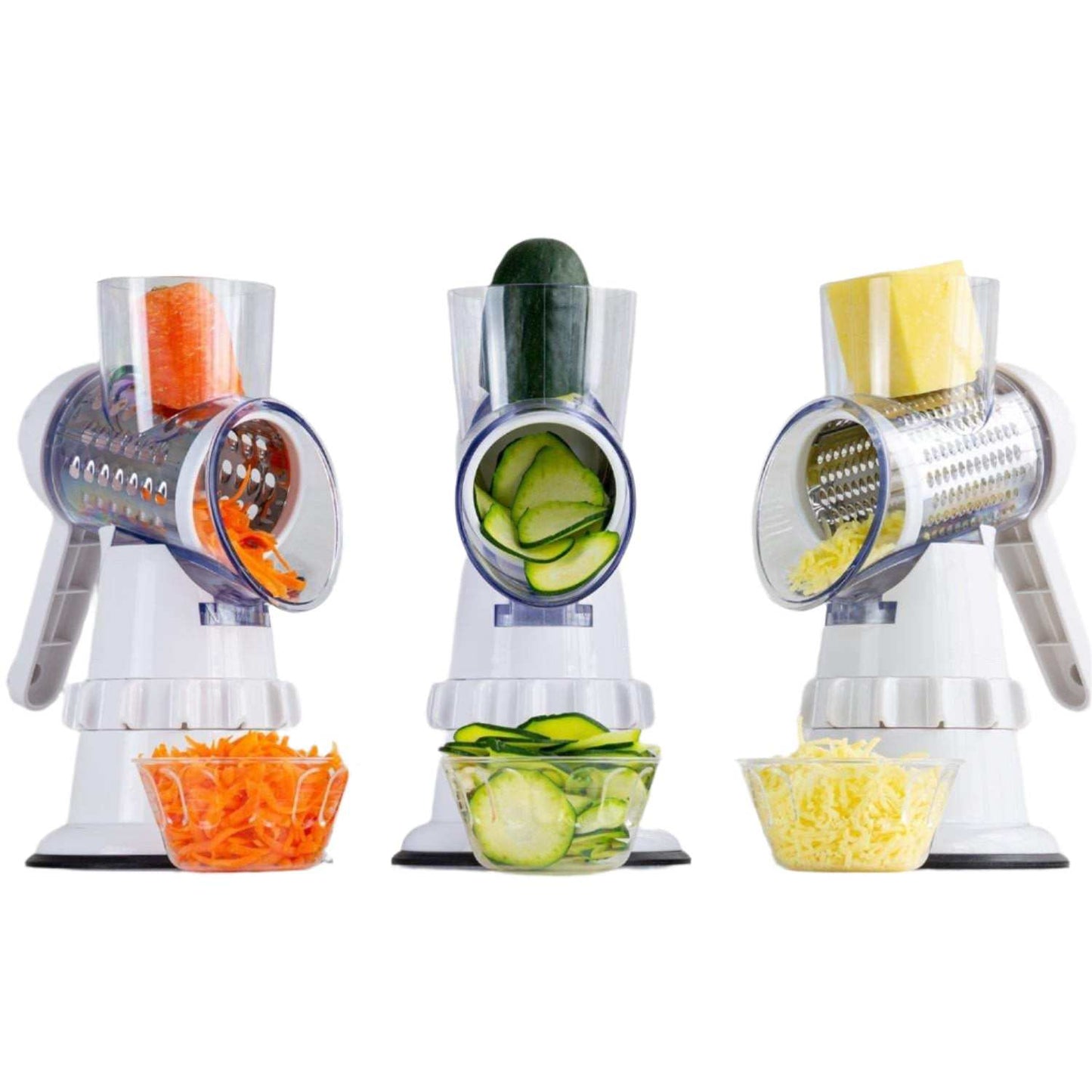 3 in 1 vegetable slicer with manual rotating grater and three shredding options displaying carrots, cucumbers, and potatoes in white kitchen setup.
