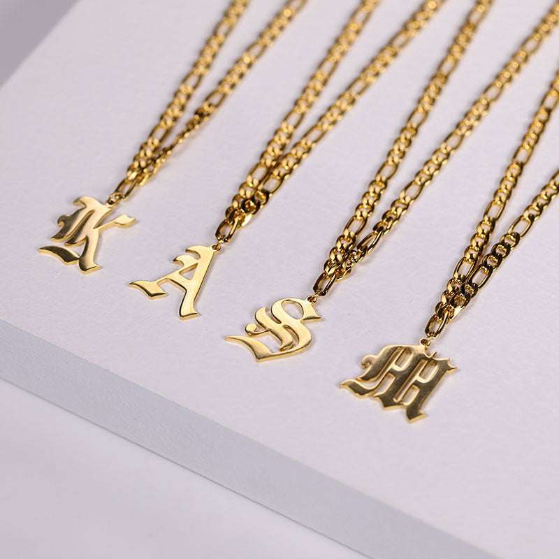 Customizable stainless steel English nameplate necklaces with gold-tone Cuban chains for unisex style