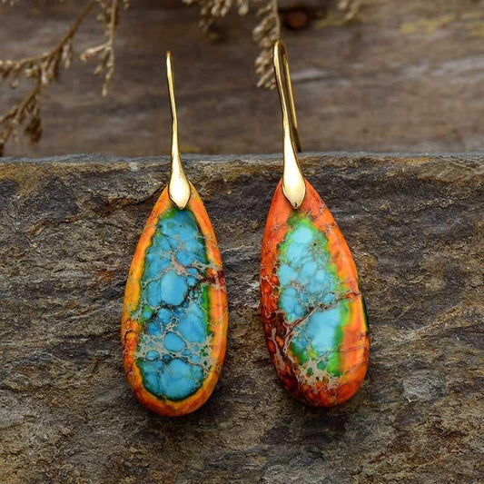Bohemian Emperor Stone water drop pendant earrings with colorful stone and gold hooks