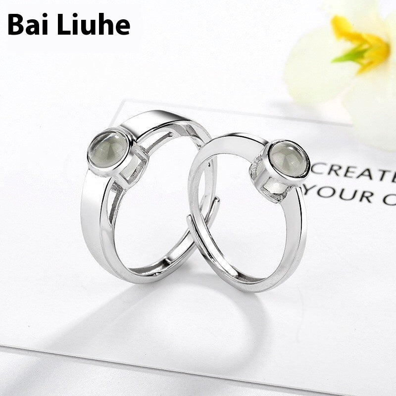 S925 silver couple rings with adjustable opening and simple design featuring round stones