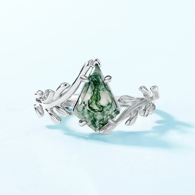 Silver ring with olive branch design and natural green moss agate stone