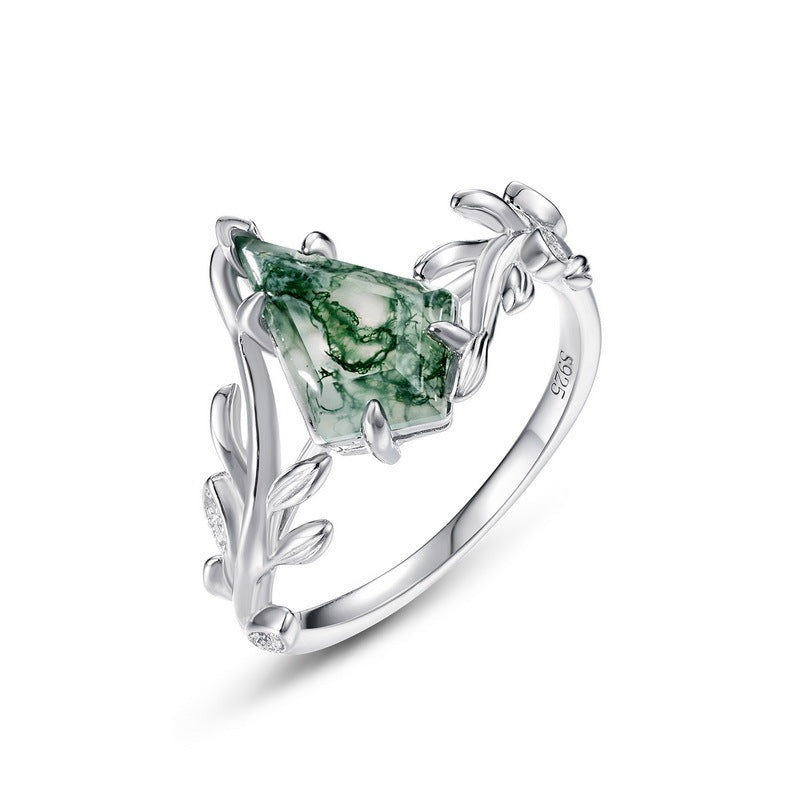 Olive Branch Natural Green Moss Stone Ring S925 Silver Inlay Water Plants Agate Geometric Index Finger Ring