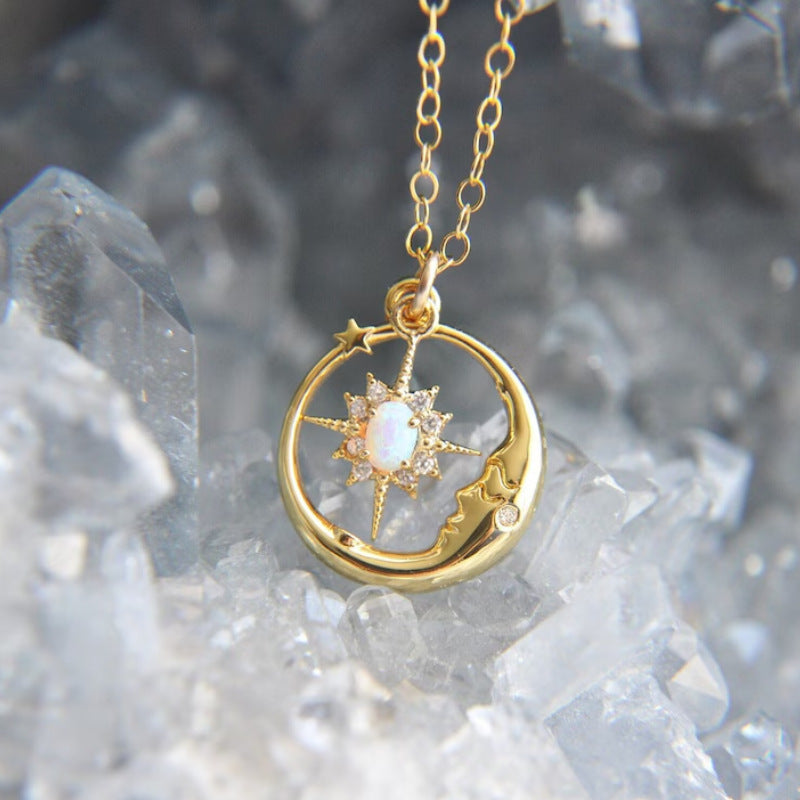 European and American style gold-plated moon and star opal necklace pendant on O-ring chain