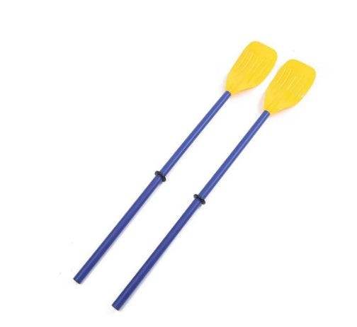 Yellow and blue oars for inflatable double boat kayak.