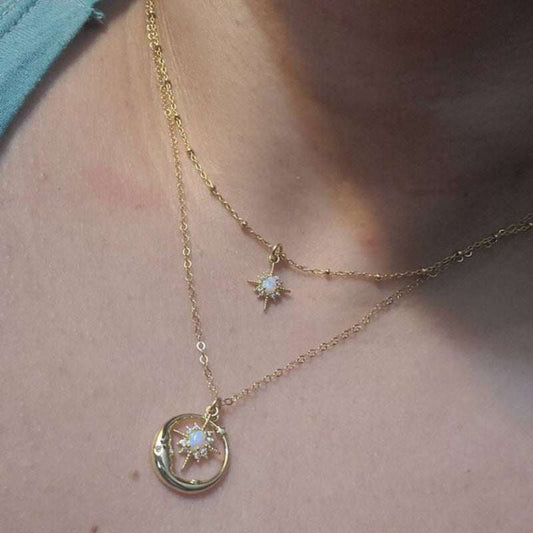 European and American style gold-plated star and moon necklace with opal pendant, worn on neck