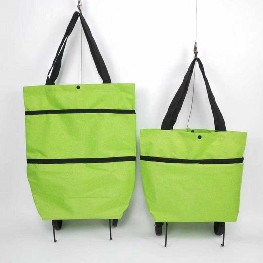 Large capacity foldable green grocery bags with wheels and black straps, made from Oxford cloth.