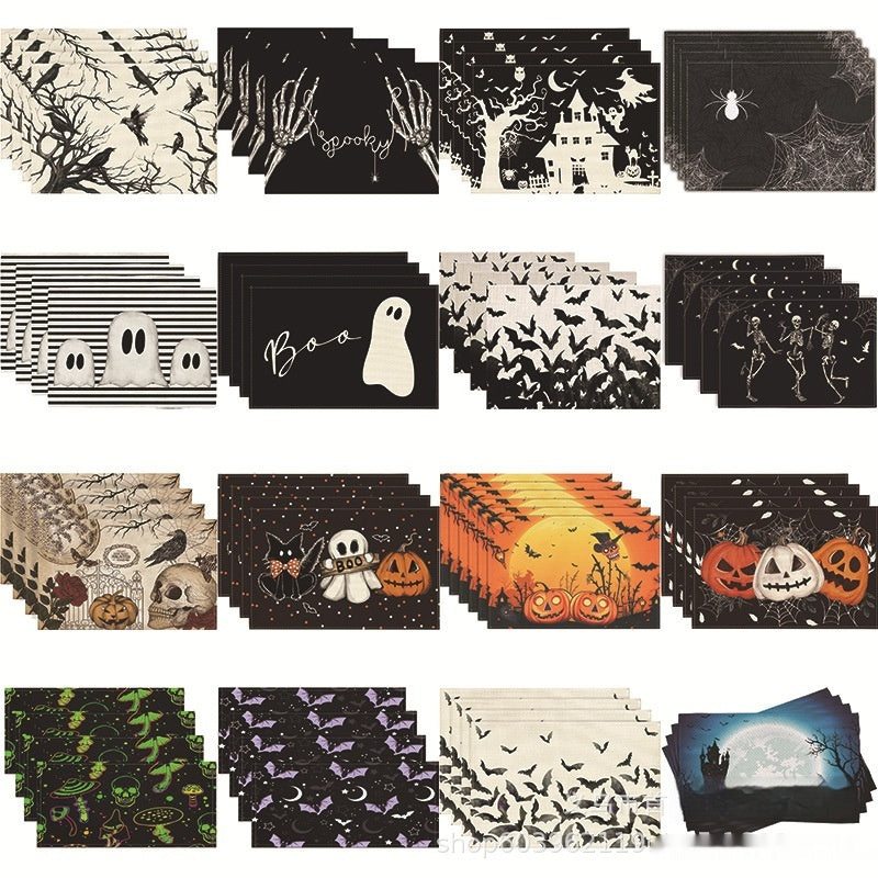 Halloween Skull & Pumpkin Linen Placemat – Gray