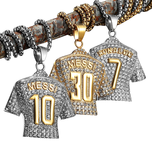 Football jersey necklace pendant in gold with player number on 24-inch titanium steel chain